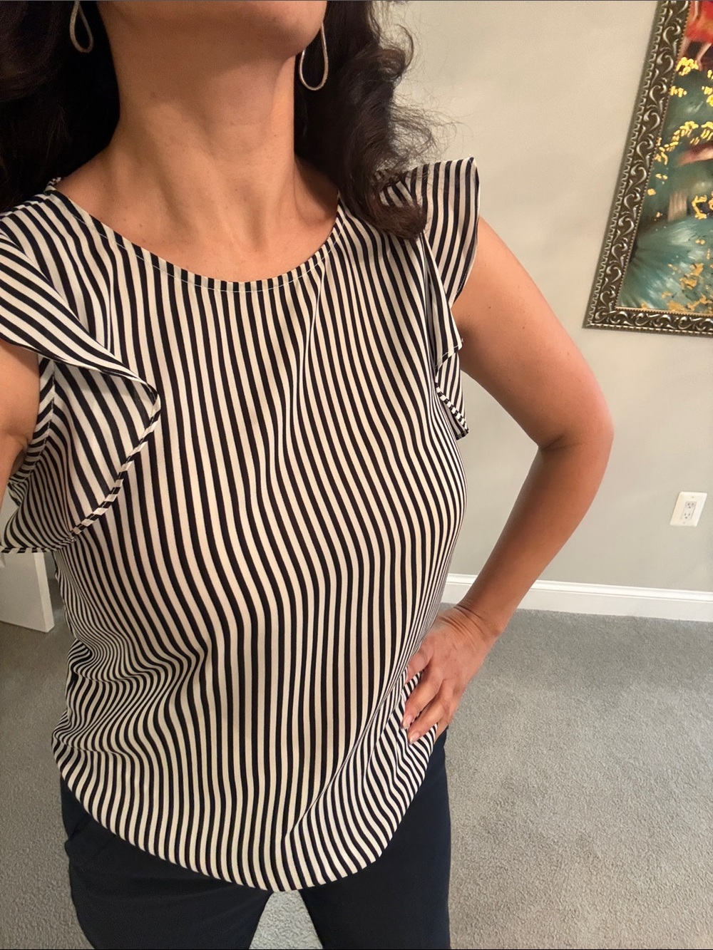 Saks Fifth Avenue Black and White Striped Ruffle Sleeve Top